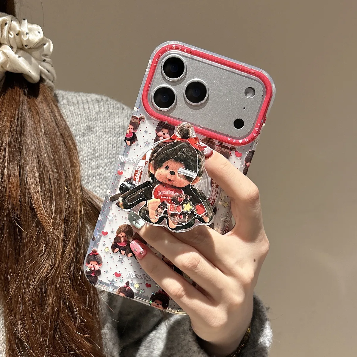 Monchhichi Clear Glitter Fill Red Rim With 3D Charm Phone Case for iPhone 17 16 15 14 13 Pro Max — MagSafe